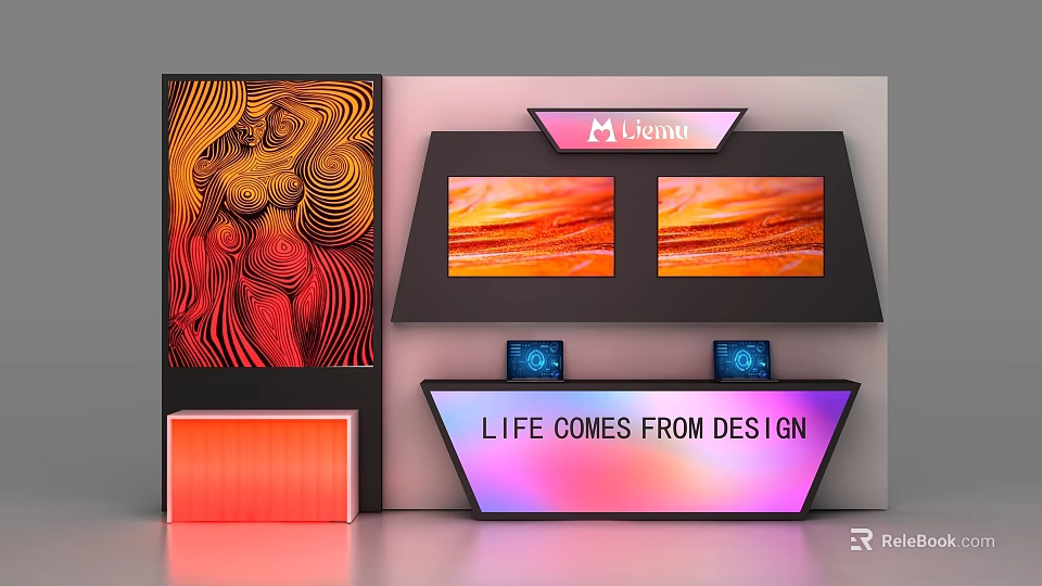 Modern Orange Display Shelves With Dual Screens Abstract Pattern And Design Slogan 3d model 