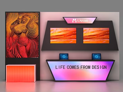 Modern Orange Display Shelves With Dual Screens Abstract Pattern And Design Slogan 3d model