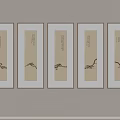 Five Vertical Decorative Paintings With Bird Patterns Light Background White Brown Frames Minimalist Style