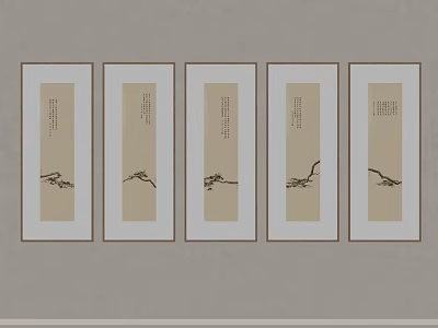 Five Vertical Decorative Paintings With Bird Patterns Light Background White Brown Frames Minimalist Style 3d model