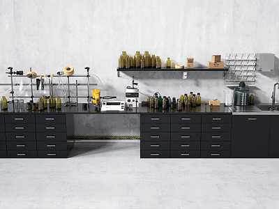 Industrial Equipment Workspace With Gray Walls Black Cabinets Shelves Holding Bottles Boxes And Drawers 3d model