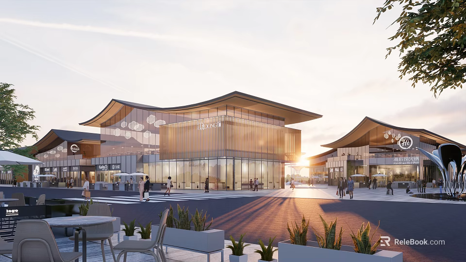 Modern Commercial Street With Glass Facades Unique Roof Design And Outdoor Seating At Sunset 3d model