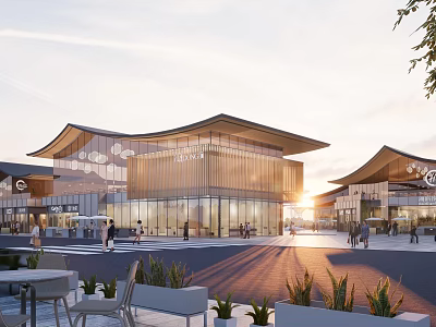 Modern Commercial Street With Glass Facades Unique Roof Design And Outdoor Seating At Sunset 3d model