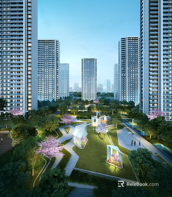 Residential Community Garden Landscape With Greenery Flowering Trees And Walkways 3d model 