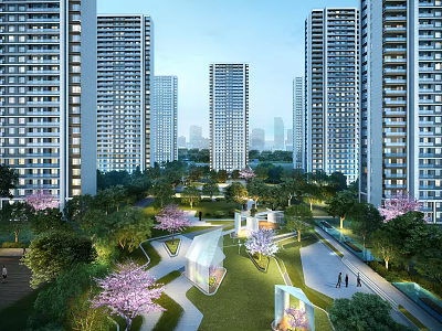 Residential Community Garden Landscape With Greenery Flowering Trees And Walkways 3d model