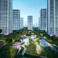 Residential Community Garden Landscape With Greenery Flowering Trees And Walkways