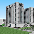 Modern Office Building Complex With Tall Twin Towers Glass Curtain Walls And Central Plaza