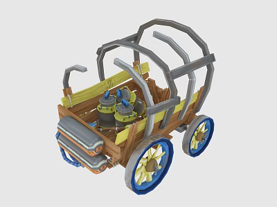 Wooden Cart With Metal Frame Yellow And Blue Wheels Mechanical Parts Design 3d model
