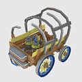 Wooden Cart With Metal Frame Yellow And Blue Wheels Mechanical Parts Design