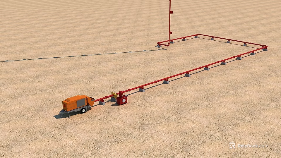 Orange Industrial Equipment With Extended Red Pipe Structure On Sandy Terrain 3d model