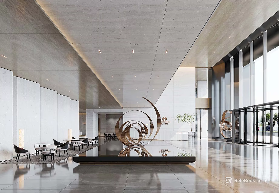 Modern Luxury Residential Sales Office Lobby With Abstract Metal Sculpture And Sleek Marble Interior Design 3d model 