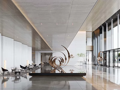 Modern Luxury Residential Sales Office Lobby With Abstract Metal Sculpture And Sleek Marble Interior Design 3d model