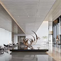 Modern Luxury Residential Sales Office Lobby With Abstract Metal Sculpture And Sleek Marble Interior Design