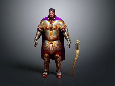 Fantasy Warrior in Ornate Gold Red Armor With Purple Cape and Sword 3d model