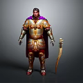 Fantasy Warrior in Ornate Gold Red Armor With Purple Cape and Sword