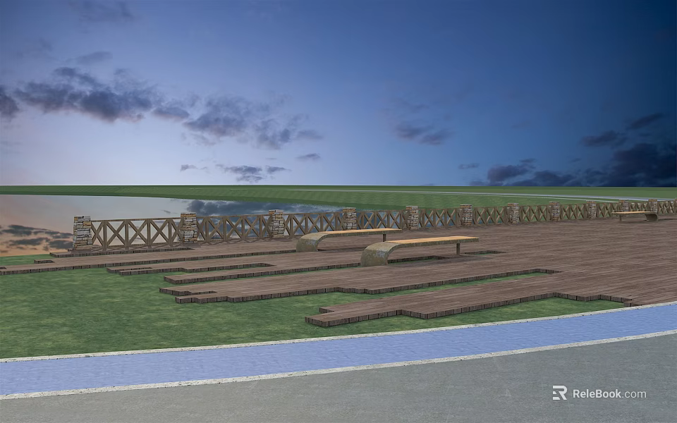 Road Facilities With Wooden Platform Benches Guardrails And Waterfront Grassy Area 3d model 