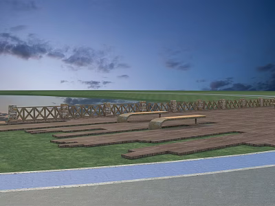 Road Facilities With Wooden Platform Benches Guardrails And Waterfront Grassy Area 3d model