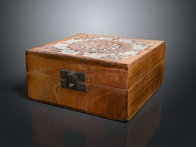 Vintage Wooden Carved Clothing Storage Box With Decorative Metal Lock And Floral Patterns 3d model