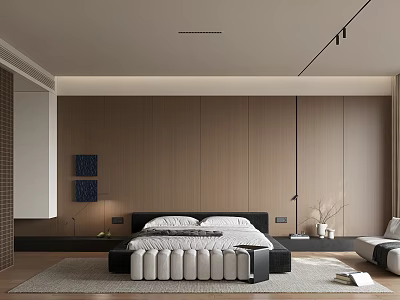 Modern Bedroom Interior Design With Wooden Wall Panels Platform Bed Area Rug And Decorative Art 3d model
