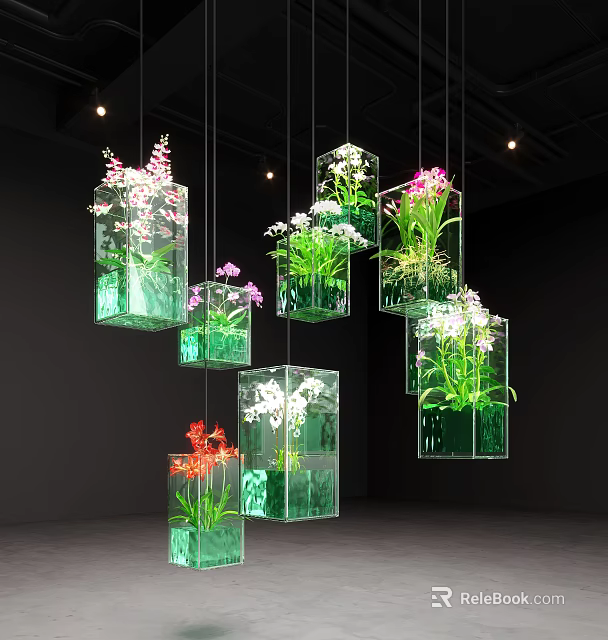 Hanging Glass Decorations With Transparent Cubic Containers Holding Colorful Orchids And Green Plants 3d model 