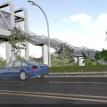 Urban Road Infrastructure Featuring Pedestrian Overpass Street Lamp Blue Car and Greenery