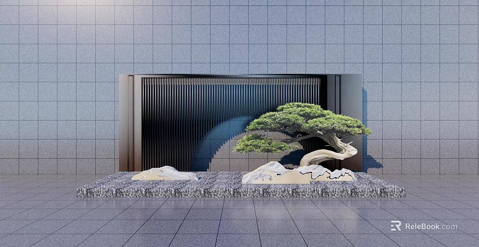 Modern Feature Wall Design With Vertical Slats Pine Tree And Stones 3d model