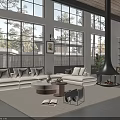 Modern Open Concept Living Dining Room Interior With Large Windows White Sofa And Black Fireplace