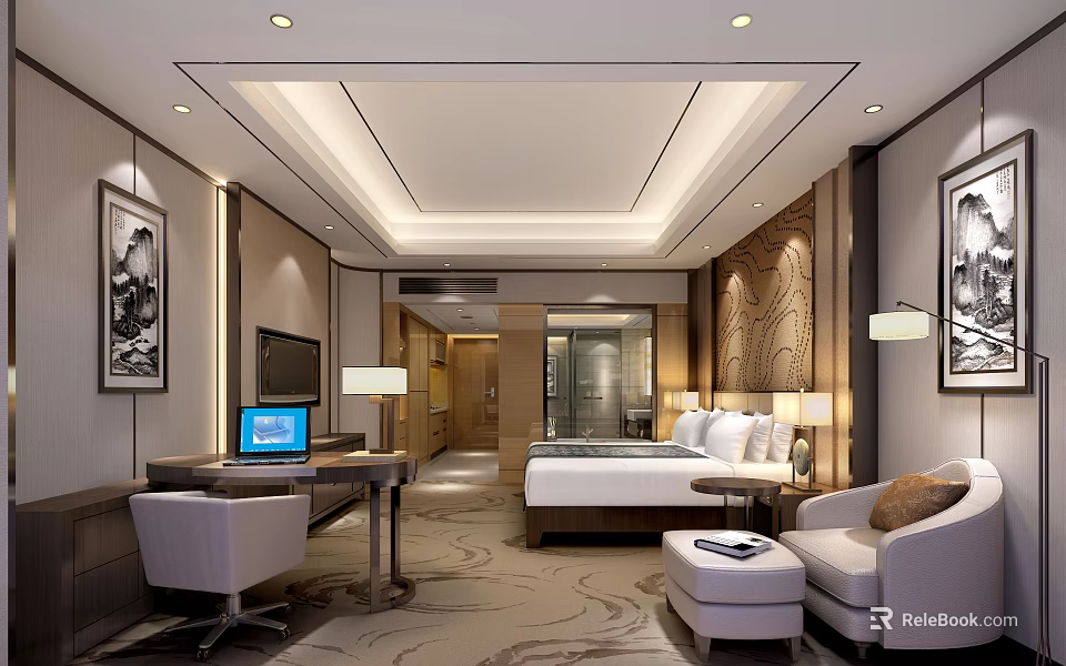 Modern Hotel Guest Room Interior Featuring Comfortable Bed Sofa Desk TV And Wooden Wall Paintings 3d model 