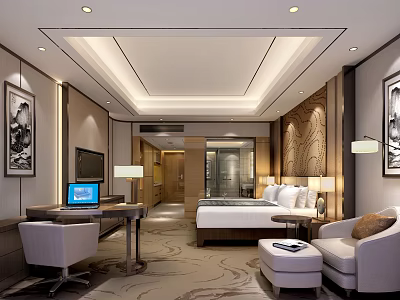 Modern Hotel Guest Room Interior Featuring Comfortable Bed Sofa Desk TV And Wooden Wall Paintings 3d model