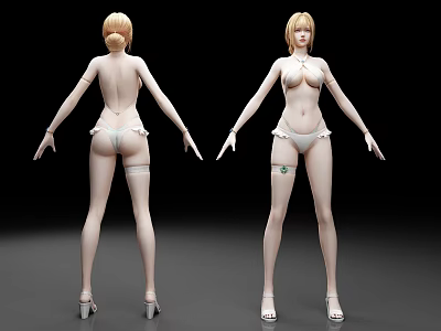 Woman 3D Model Front And Back View In White Lingerie With High Heels 3d model