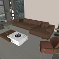 Modern Light Gray Leather Sofa and Marble Top Coffee Table Set with Accent Chair 3d model