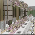 Elegant Banquet Hall Decoration With Long Dining Table White Chairs And Pink Floral Arrangements