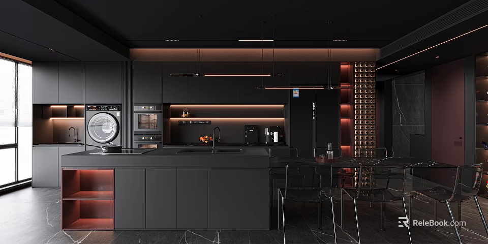 Modern Black Open Concept Dining Kitchen Interior With Island Cabinets Pendant Lights And Wine Rack 3d model 