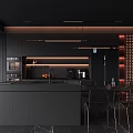 Modern Black Open Concept Dining Kitchen Interior With Island Cabinets Pendant Lights And Wine Rack