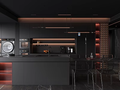 Modern Black Open Concept Dining Kitchen Interior With Island Cabinets Pendant Lights And Wine Rack 3d model