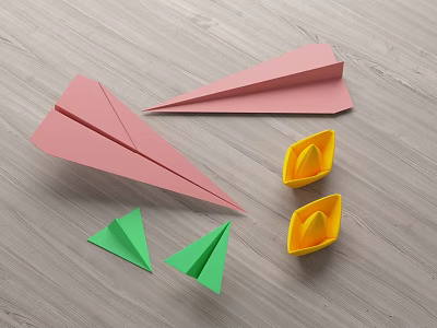 Decorative Ornament Set With Pink Paper Planes Yellow Boats Green Origami On Wooden Surface 3d model