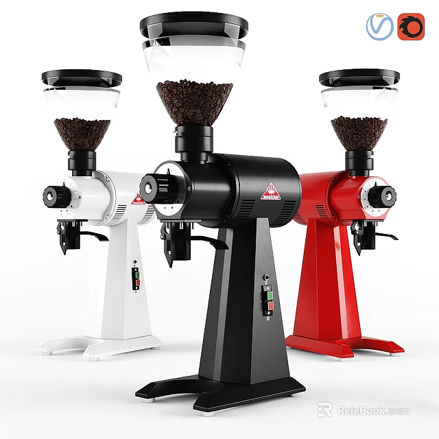 Three Different Colored Vertical Kitchen Coffee Grinders With Transparent Bean Hoppers 3d model 