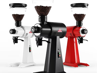Three Different Colored Vertical Kitchen Coffee Grinders With Transparent Bean Hoppers 3d model
