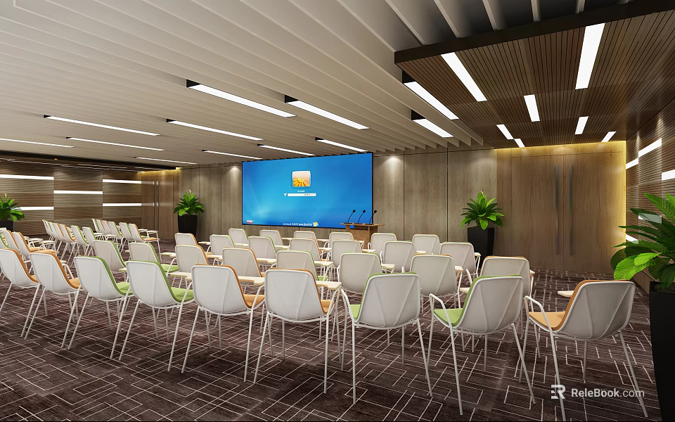 Modern Conference Room With Large Blue Screen White Chairs And Ceiling Lighting 3d model