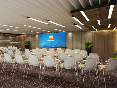 Modern Conference Room With Large Blue Screen White Chairs And Ceiling Lighting 3d model