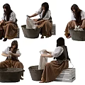 Woman in Traditional Dress Washing Clothes in Metal Tub and Squeezing Fabric