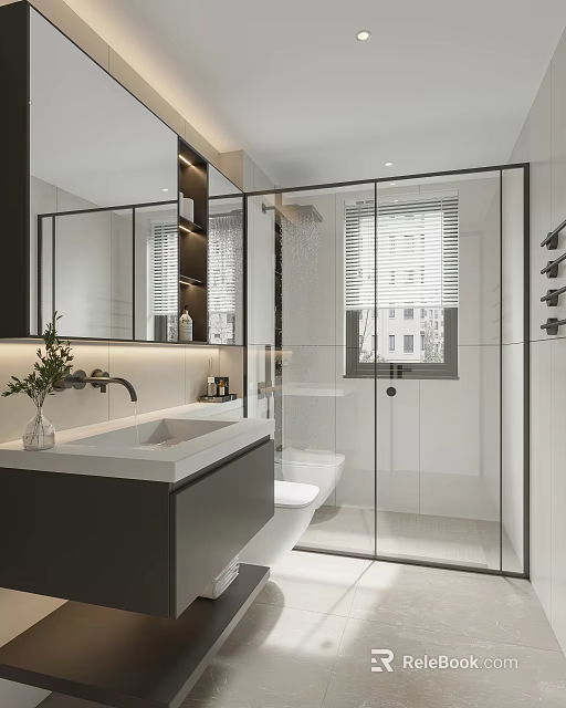 Modern Bathroom Interior with Large Mirror Glass Shower Enclosure White Vanity and Toilet 3d model 