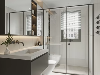 Modern Bathroom Interior with Large Mirror Glass Shower Enclosure White Vanity and Toilet 3d model