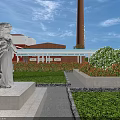 Industrial Factory Complex With Red Roof Glass Roof Structure Green Lawn Trees And Chimney