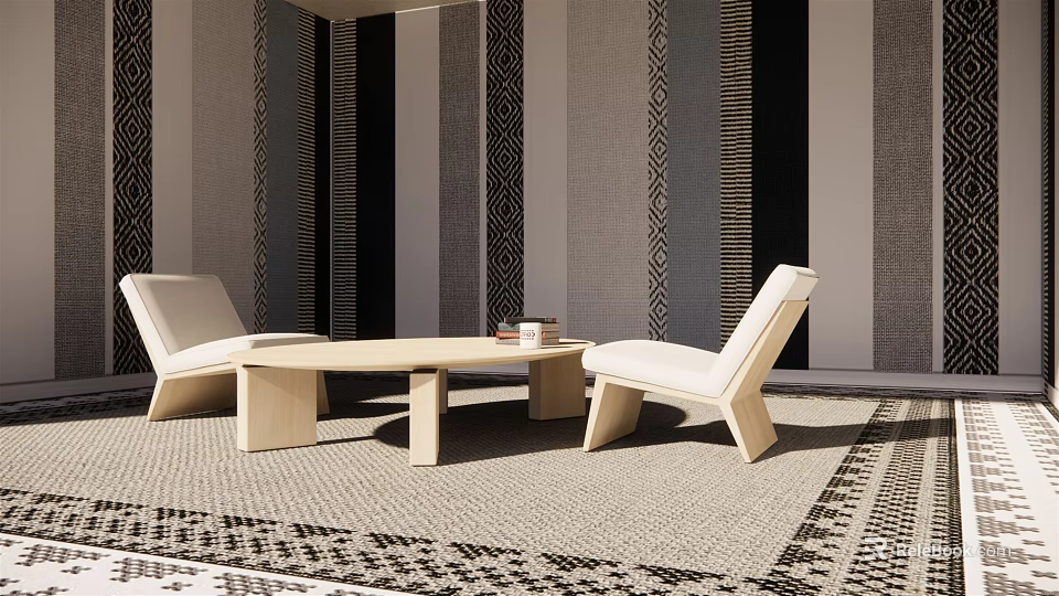 Casual Sofa Set With Two Single Chairs Coffee Table And Striped Wall In Living Interior 3d model 