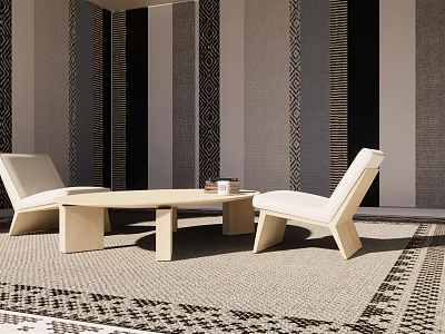 Casual Sofa Set With Two Single Chairs Coffee Table And Striped Wall In Living Interior 3d model