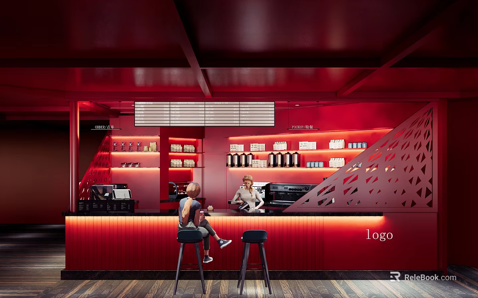 Red Themed Cafe Interior With Counter Seating Shelves And Geometric Patterns 3d model