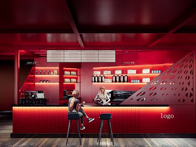 Red Themed Cafe Interior With Counter Seating Shelves And Geometric Patterns 3d model