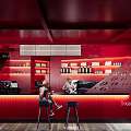 Red Themed Cafe Interior With Counter Seating Shelves And Geometric Patterns 3d model