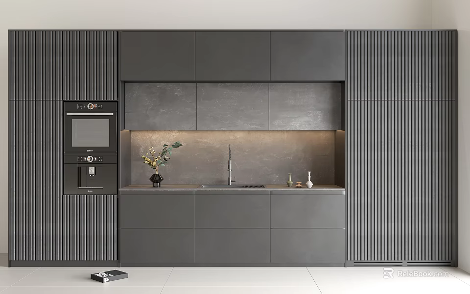 Modern Dark Gray Kitchen Cabinets With Sleek Panels Built in Appliances And Countertop Lighting 3d model 
